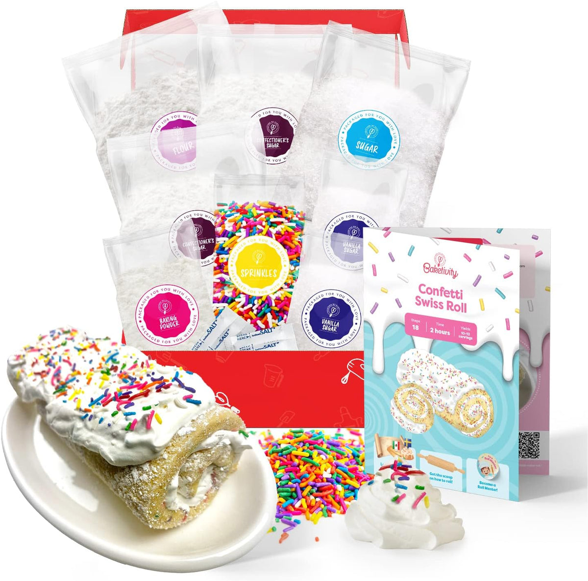 Confetti Swiss Roll Baking Kit For Kids 6-12, Real Jelly Roll Cake Making Set With Pre-Measured Ingredients, Cake Decorating For Girls And Boys With Cream And Rainbow Sprinkles, Kids Baking Gift Set