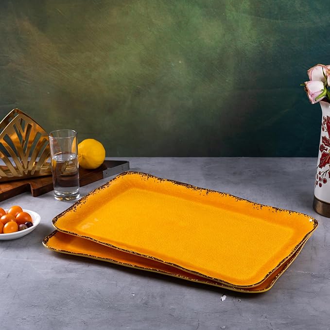 LEHAHA Melamine Farmhouse Rectangular Serving Platter Sets, 17.5" x 10" Large Serving Tray Sets,100% Melamine, Dishwasher Safe, BPA Free, Lightweight and Unbreakable,Gold