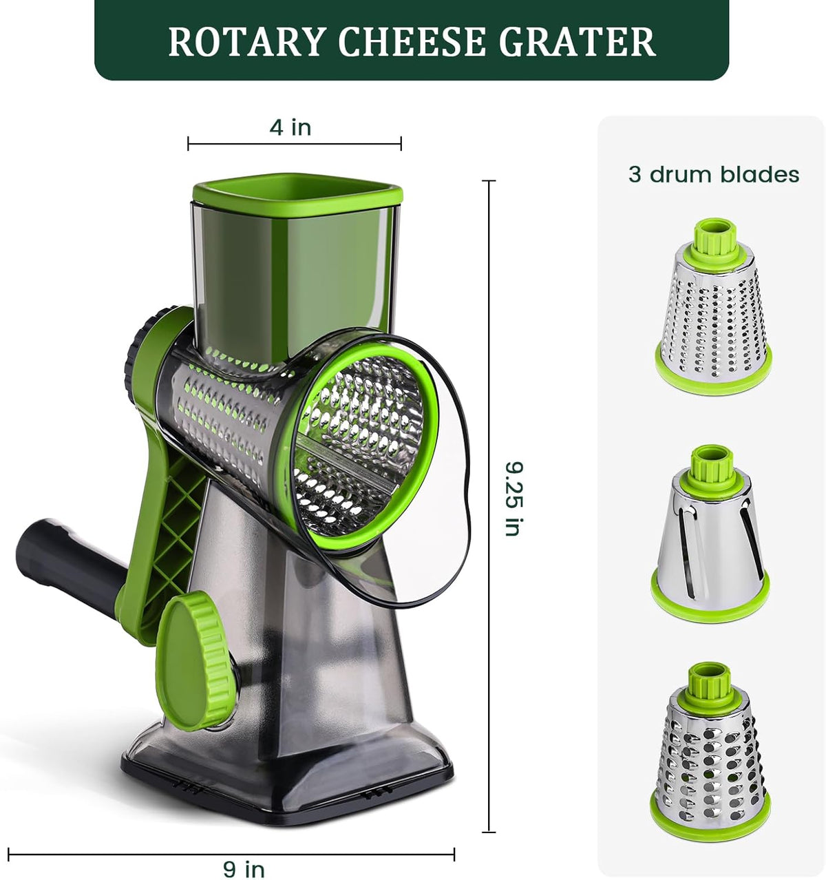 HANSGO Rotary Cheese Grater, Cheese Shredder, Labor-Saving Handle, Strong Suction Base, 3 Changeable Blades for Harder Cheeses, Vegetable, Nuts, Chocolate, Fruits, Safe & Easy to Clean
