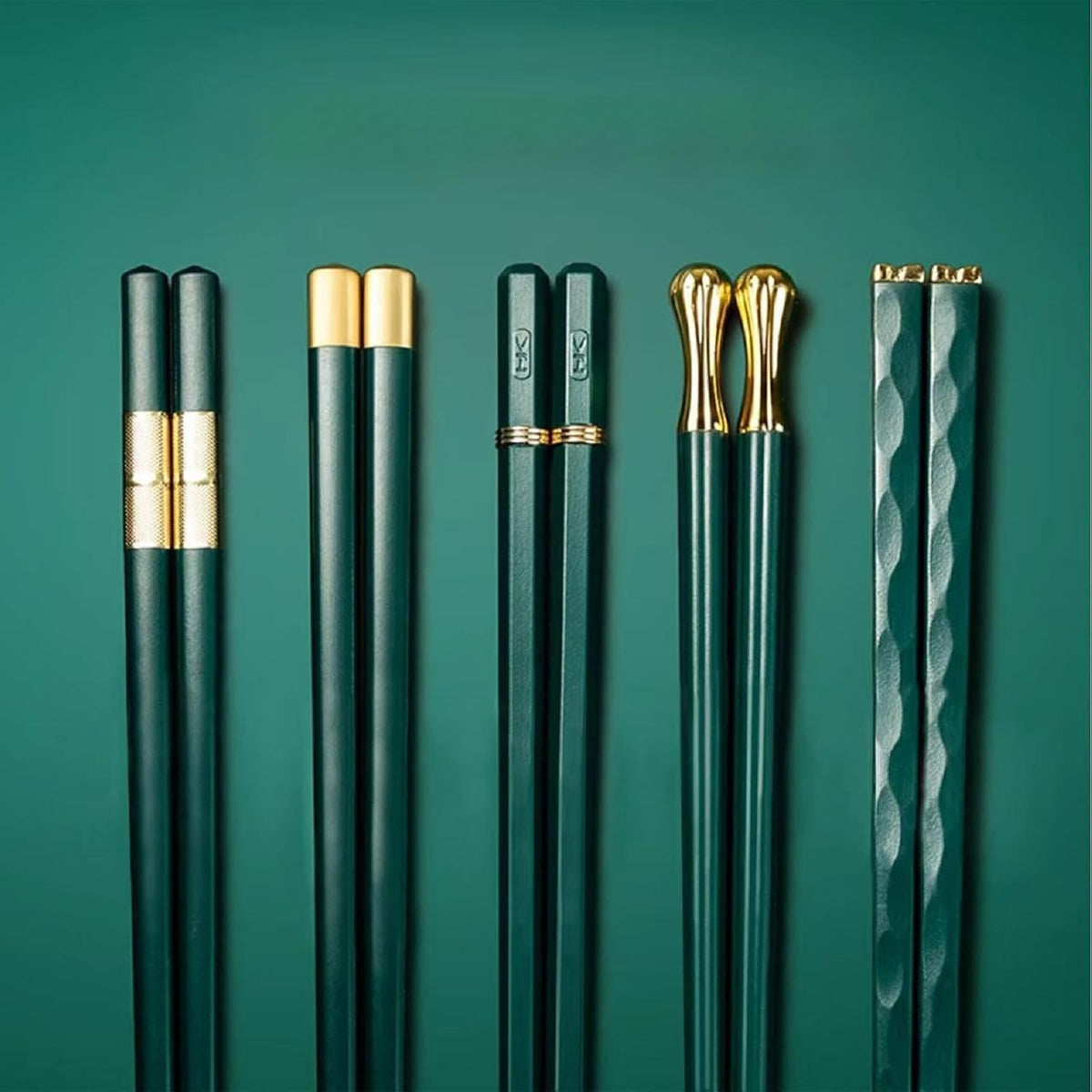 Random Mood Modern Design Chopsticks - Reusable, Dishwasher Safe, Non-Slip Fiberglass, Golden and Lucky Green Multi Style, 5 Pairs, 9.5in/24cm, Great for Chinese, Japanese, Korean Cuisine