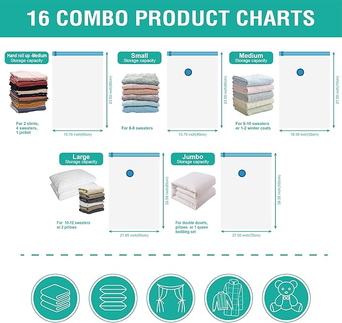 16 Pack Vacuum Storage Bags, Space Saver Bags (2Jumbo/2Large/3Medium/3Small/6Roll) Compression Storage Bags for Comforters and Blankets, Vacuum Sealer Bags for Clothes Storage, Hand Pump Included