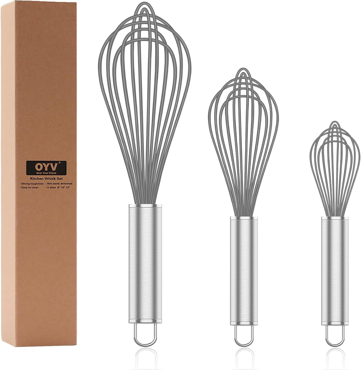 Grey Silicone Whisk, Professional Whisks For Cooking Non-Scratch, Stainless Steel & Silicone Wisk, Plastic Rubber Whisk Tool For Nonstick Cookware Pans, Silicon Wisks Set of 3