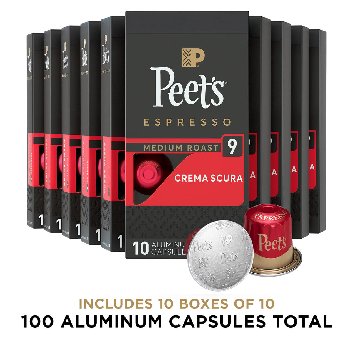 Peet's Coffee, Medium Roast Espresso Capsules, Compatible with Nespresso Original Machine - Crema Scura Intensity 9, 100 Count (10 Boxes of 10 Espresso Capsules)