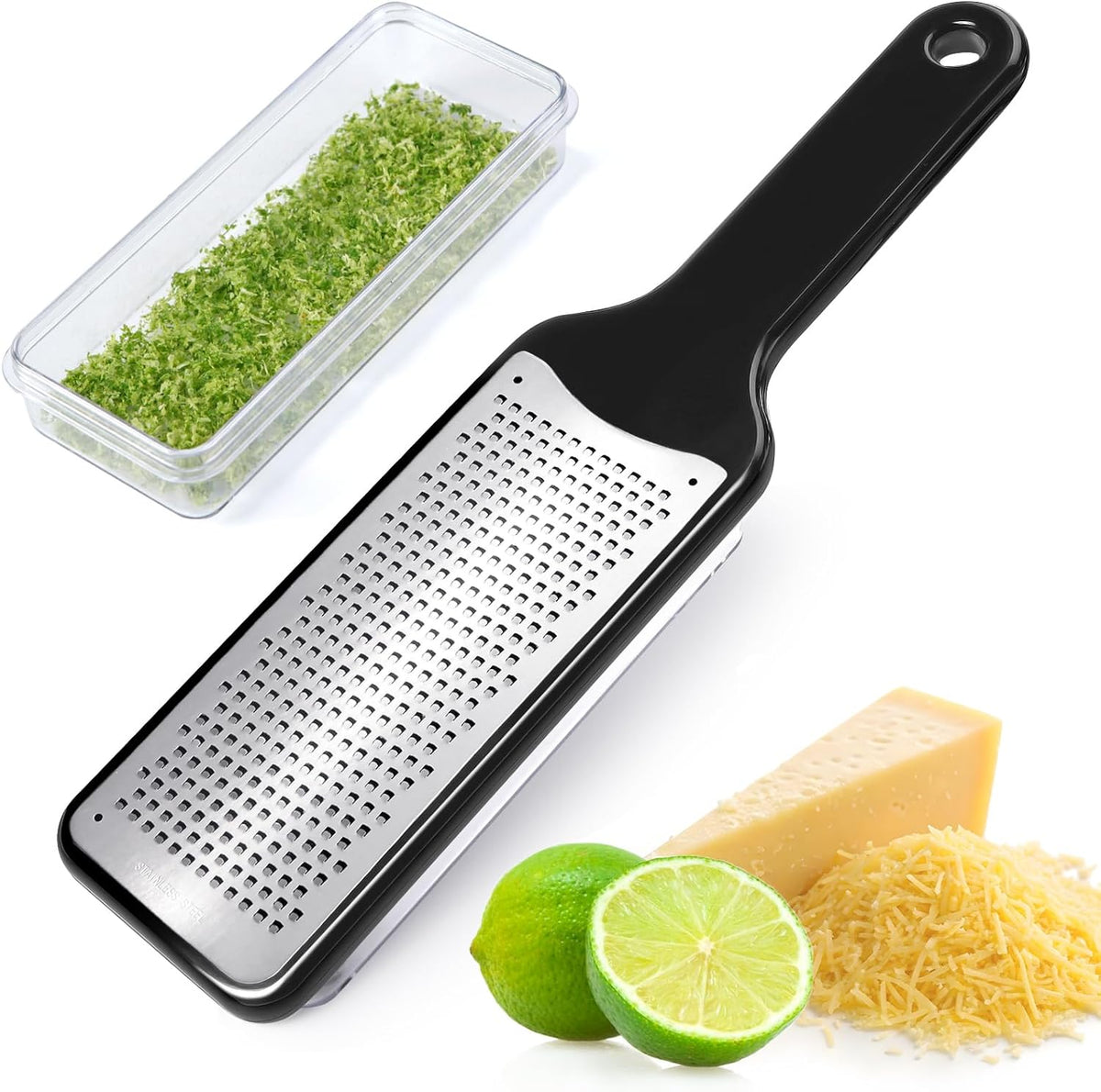 LHS Citrus Lemon Zester Cheese Grater with Container - Stainless Steel Kitchen Tool for Parmesan Cheese, Ginger, Garlic, Nutmeg, Chocolate, Fruits, Dishwasher Safe
