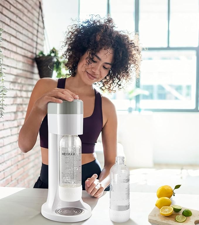HEYAXA Sparkling Water Maker, Soda Maker Machine for Quickly Creating Refreshing Soda, Includes 2x BPA-Free 1L Carbonation Bottle, Compatible with 60L CO2 Carbonator (Pearl White)