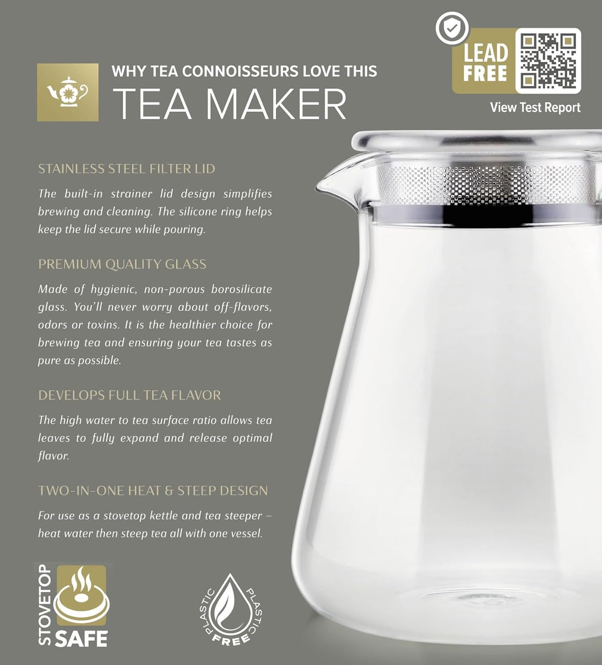 Teabloom One-Touch Tea Maker, 2-in-1 Teapot and Kettle with Stainless Steel Filter Lid for Loose Tea – Stain-free Borosilicate Glass Teapot (27 Oz) – Tea Connoisseur's Choice
