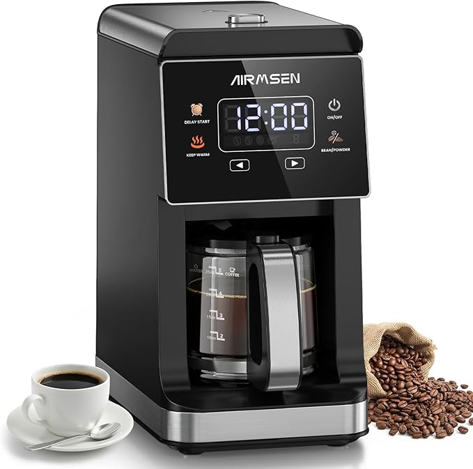 AIRMSEN Grind & Brew Coffee Maker with Built-in Grinder, Programmable Single Serve Coffee Maker - 5 Cup Capacity, 3 Grind Settings, Auto Keep Warm & Glass Carafe for Home and Office