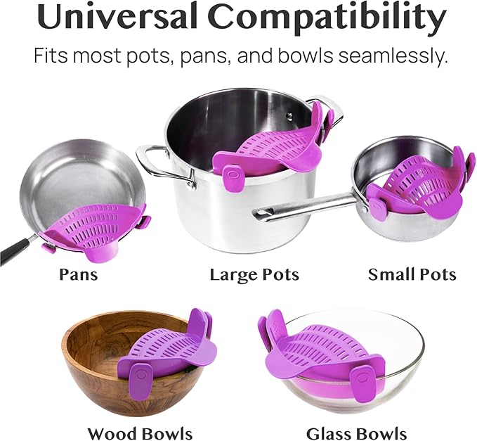 Kitchen Gizmo Snap N Strain Pot and Pasta Strainer - Strainers and Colanders - Adjustable Silicone Clip On Strainer for Pots, Pans, and Bowls - Kitchen Colander - Purple