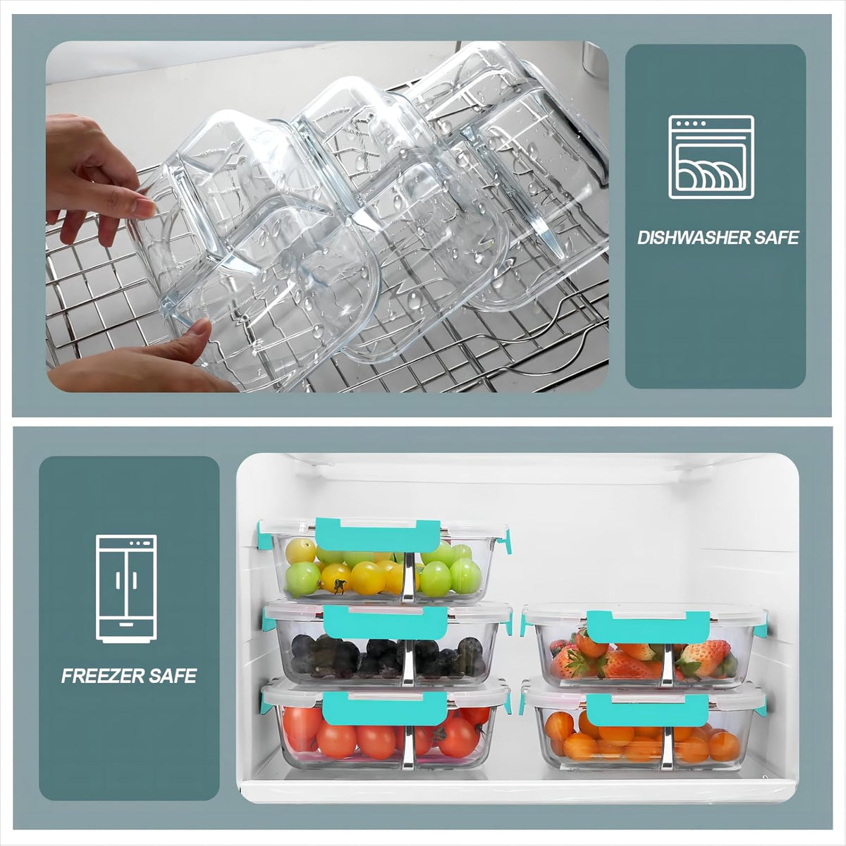 KOMUEE Glass Meal Prep Containers 3 Compartments, 5 Pack 36 oz, Glass Food Storage Containers with Lids, Airtight Lunch Bento Box, Portion Control, Freezer and Microwave Safe, Green