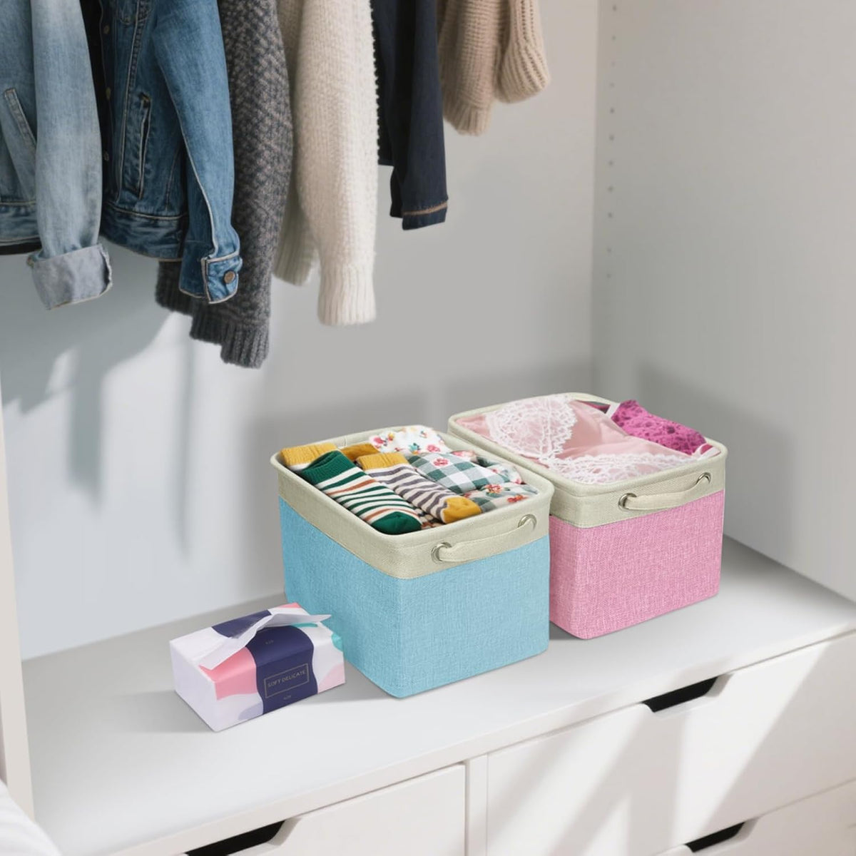 BALEINE 1 Pack Fabric Storage Bins for Shelves, Linen Storage Baskets for Organizing, Decorative Closet Bins for Clothes, Home (Skyblue, 12"x8"x8")