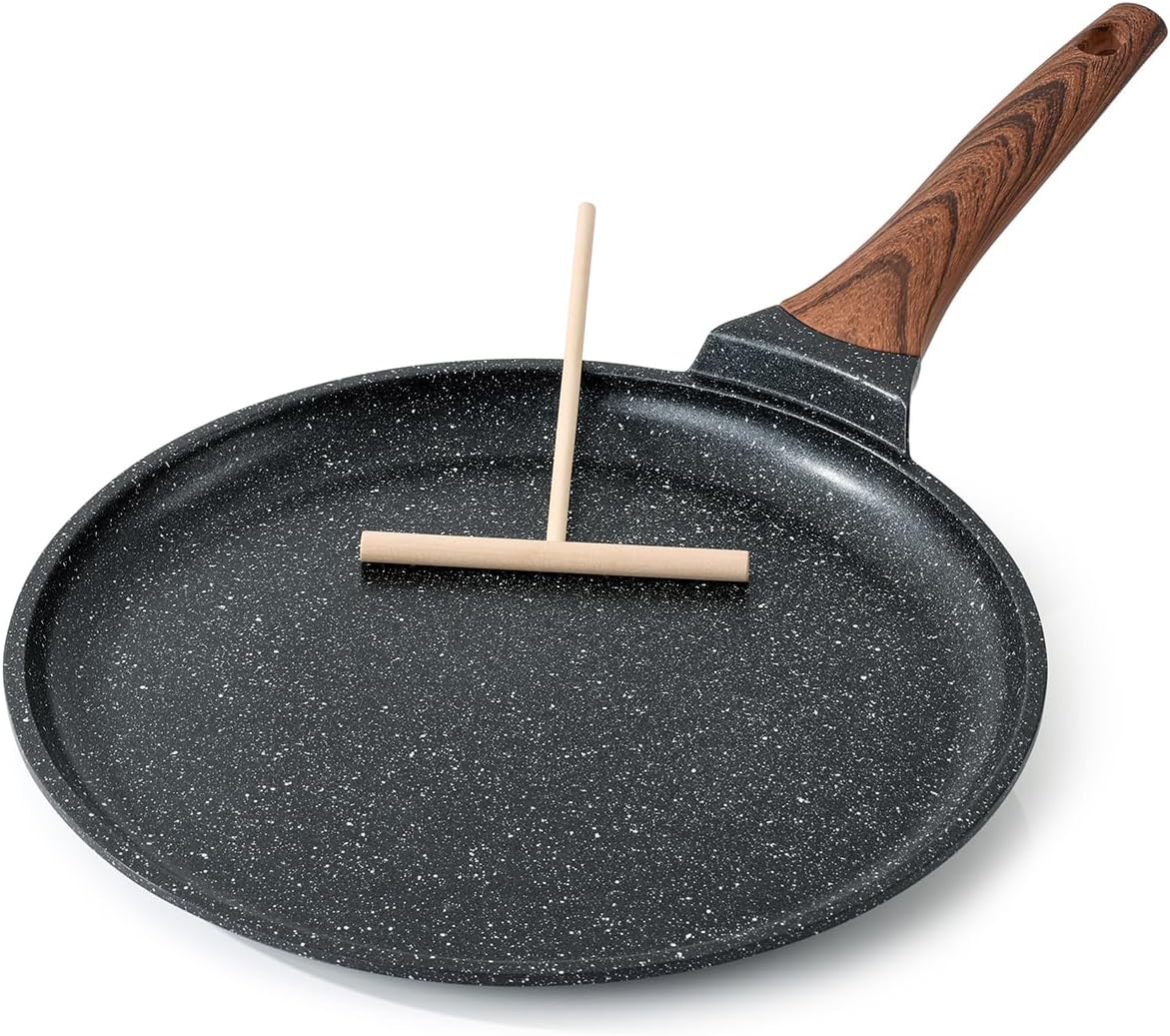 Crepe Pan Nonstick, 12 Inch Dosa Pan with Spreader, Granite Coating Comales Para Tortillas Pancake Pan, Flat Pan for Stove Top, Induction Compatible, PFOA Free