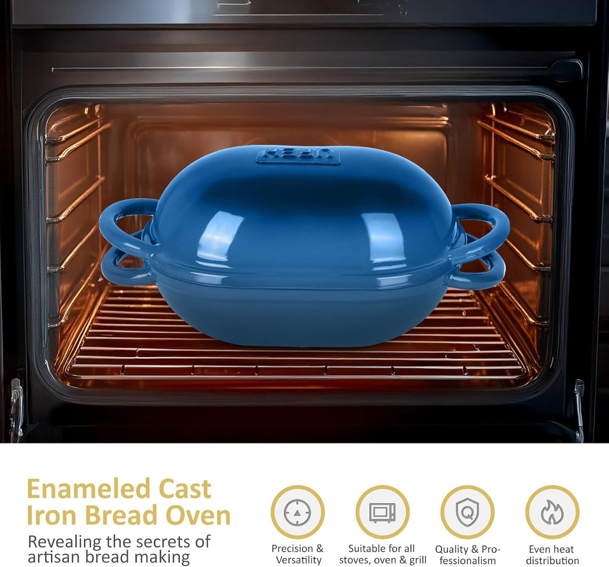 Dutch Oven for Bread Baking – Premium Cast Iron Pot with Lid – Perfect for Sourdough, Artisan Loaves & No-Knead Bread – 2 QT / 1.9L (Enameled, Round, Oven & Stovetop Safe), Blue