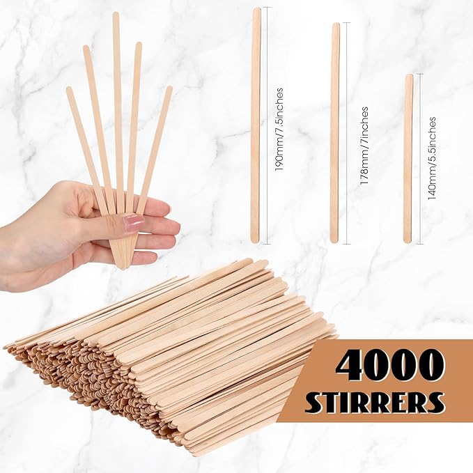 Meanplan 4000 Pack Birch Wood Coffee Stir Sticks 7.5 Inch Disposable Wooden Coffee Stirrers Bulk Long Tea Stirring Stick Round End Swizzle Beverage Mixer for Cocktail Hot Chocolate Drink Summer
