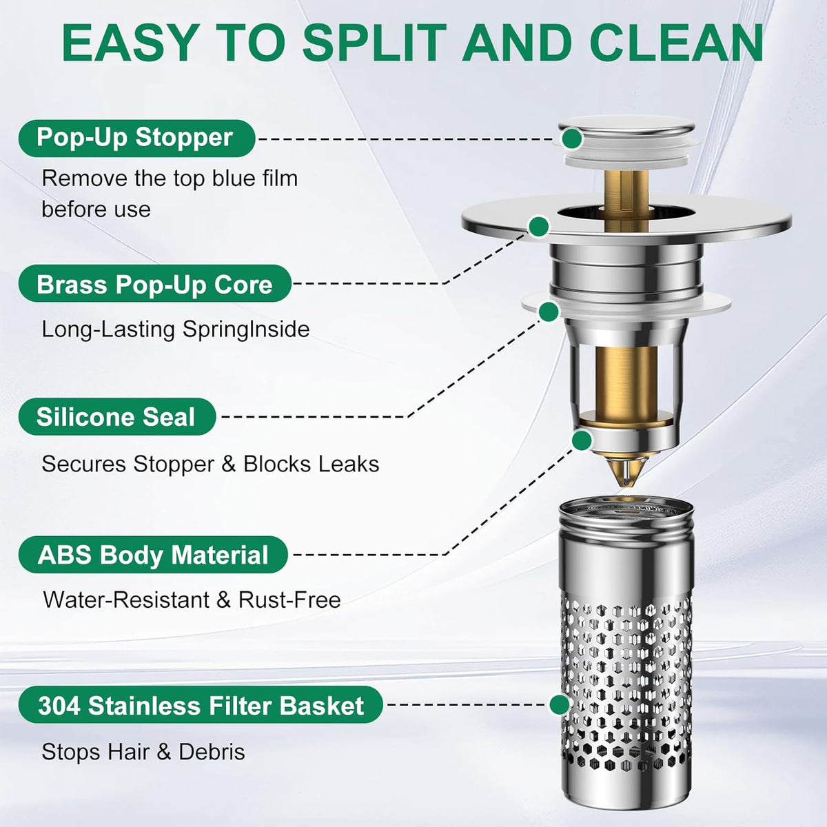Bathroom Sink Drain Strainer,Universal Pop-Up Sink Stopper Hair Catcher, Anti-Clog Stainless Steel Drain Filter Basket, Removable Sink Drain for Bathroom Sink Stopper Replacement
