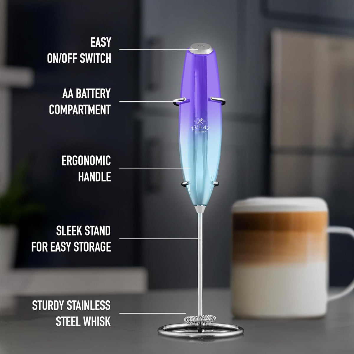 Zulay Executive Series Ultra Premium Gift Milk Frother - Coffee Frother Handheld Foam Maker For Lattes - Electric Milk Frother Handheld For Coffee - Purple Teal Fade w Silver OG Stand