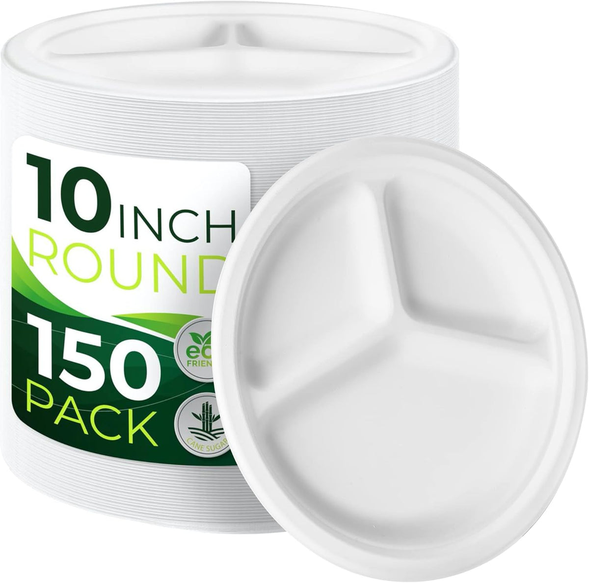 150-Piece 100% Compostable 10in Paper Plates, 3-Compartment Heavy Duty Disposable Eco-Friendly Biodegradable Sugarcane Fiber Plates