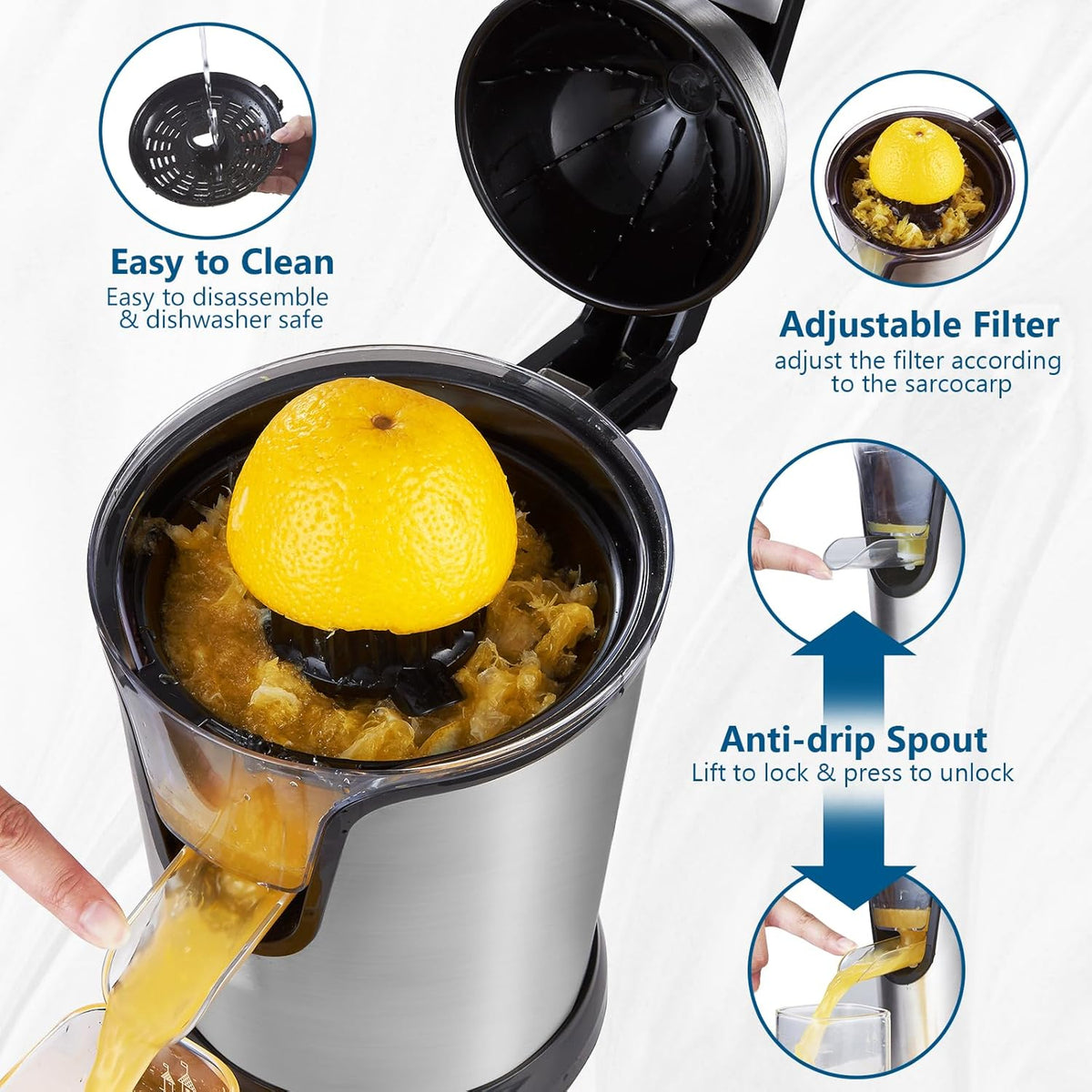 Citrus Juicer, Orange Juicer Machine, Stainless Steel Hands Free Lime Grapefruit Squeezer, Electric Citrus Juicer for Juice, Fruits, Lemons