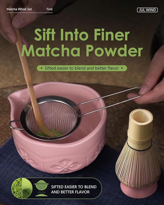 Matcha Whisk Set, Ceramic Matcha Set Includes Bowl with Spout, Whisk and Holder, Bamboo Scoop, Sifter and Tea Towel - 6 Pcs Matcha Kit Gift for Lovers Beginners (Pink)