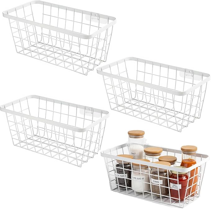LeleCAT White Hanging Kitchen Baskets For Storage Adhesive Sturdy Small Wire Storage Baskets No Drilling Wall Mounted Kitchen Food Pantry Bathroom Shelf Storage, 4 PACK,White