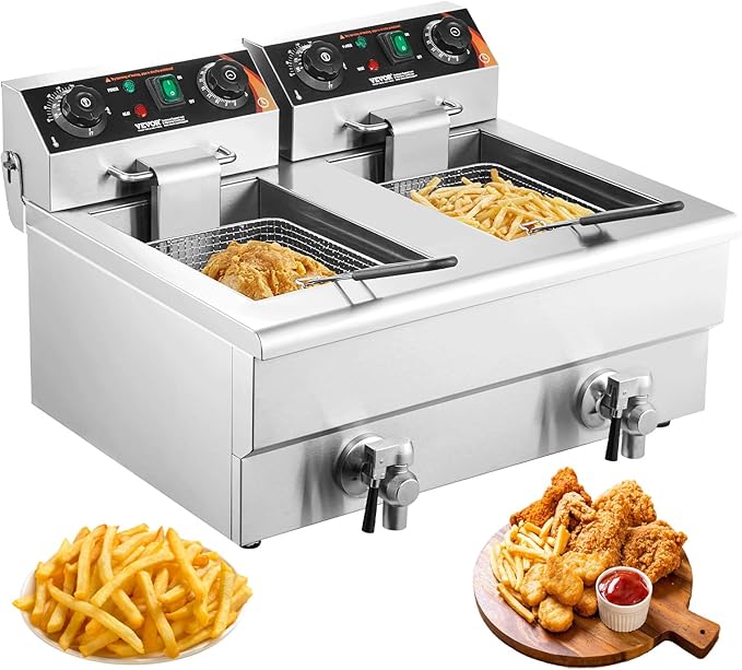 VEVOR Commercial Deep Fryer, Dual Tank 3000W Electric Countertop Fryer with Basket, 2 x 11.6Qt/11L Double Stainless Steel Oil Fryer with Drain, Time & Temp Control, for Kitchen Restaurant Use