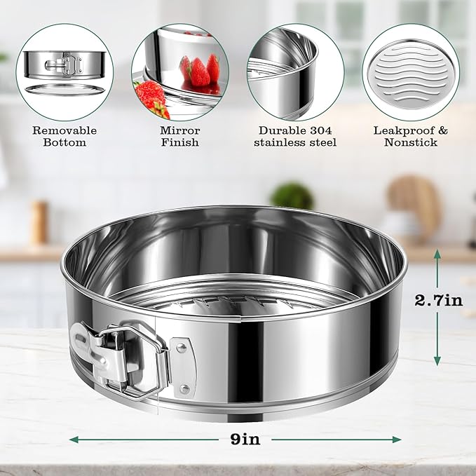 9 Inch Springform Cake Pan, 304 Stainless Steel Springform Pans, Leakproof & Nonstick Cheesecake Pan with Removable Bottom, Round Spring Form Cake Pan For Baking
