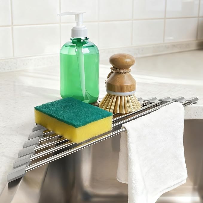 Triangle Dish Drying Rack, Corner Sink Caddy, Over The Sink Corner Drainer with Sponge Holder | Foldable, Non-Slip Stainless Steel for Kitchen Sink | Space Saving Design