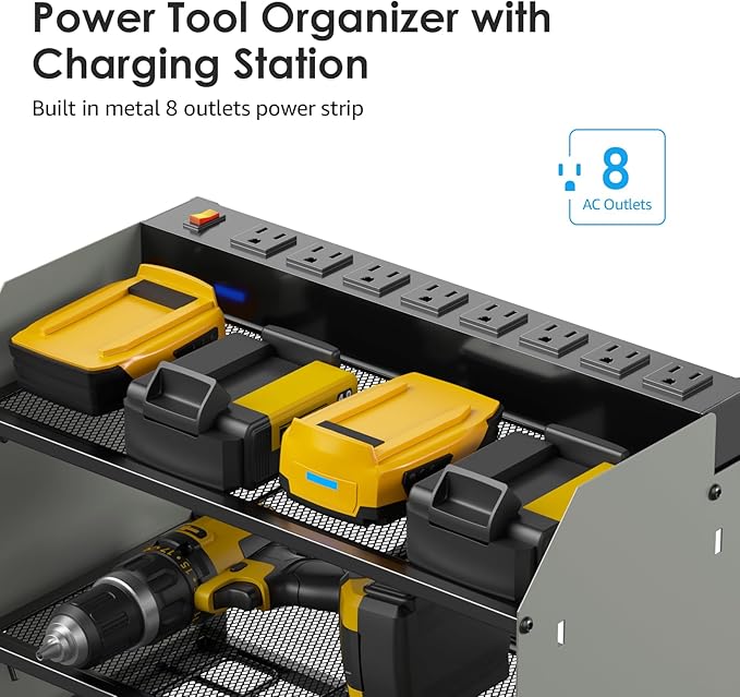 CCCEI Modular Power Tool Organizer Wall Mount with Charging Station. Garage Drill Storage Shelf with Hooks, Heavy Duty Rack, Tool Battery Holder Built in 8 Outlet. Gift for Men. Grey, 1 Pack.