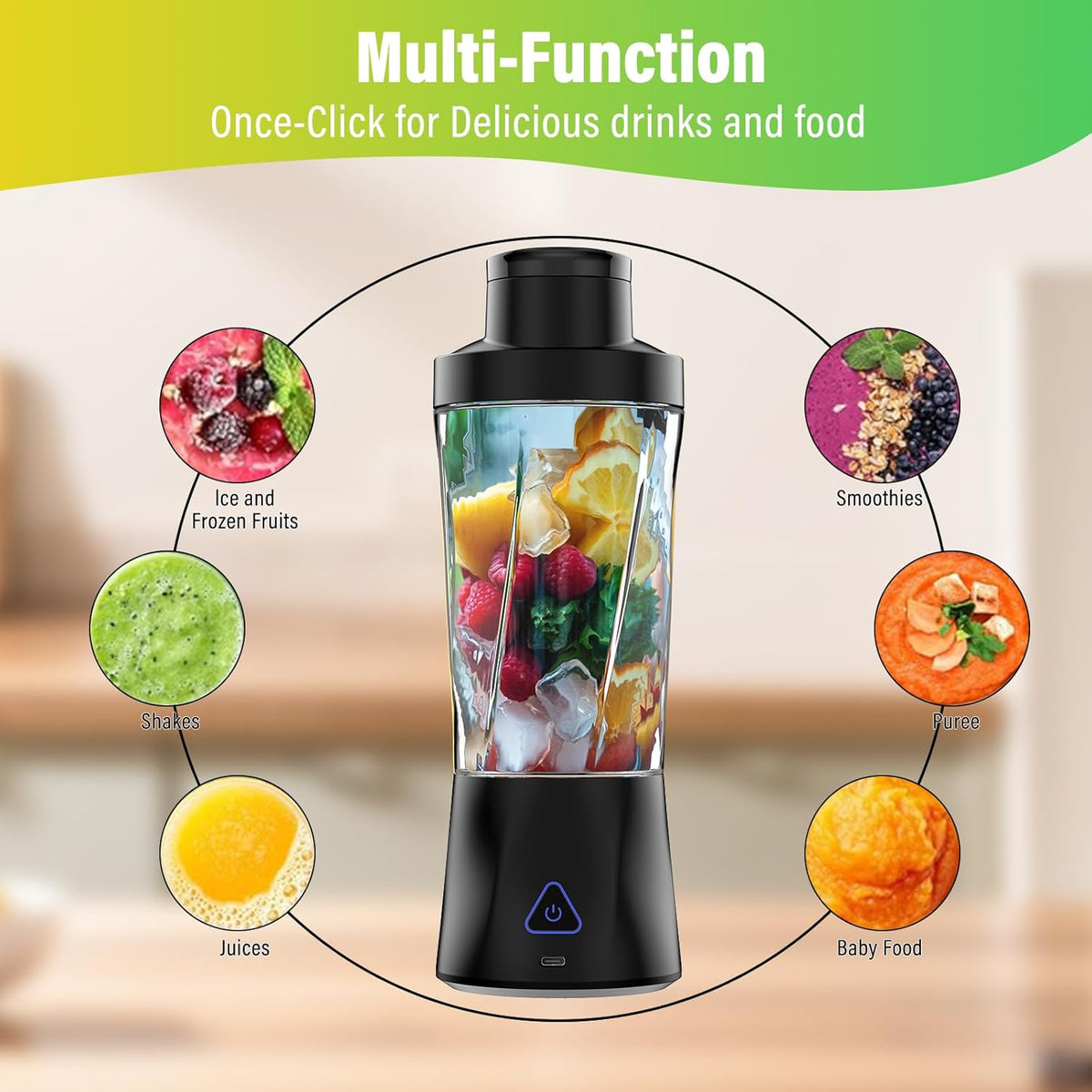 Portable Blender, 360W Personal Blender for Shakes and Smoothies for Kitchen, 24 Oz BPA Free Traveling Juicer Cup and Lid with 6 Blades, Self Cleaning Portable Juicer for Kitchen/Travel/Gym, Black