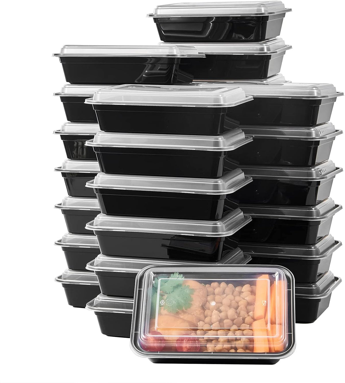 FULING 50 Pack Meal Prep Plastic Food Storage Containers With Lids 28 oz 1 Compartment Black Rectangular Reusable To Go Lunch Prepping Boxes BPA-Free Microwavable Freezer Dishwasher Safe Stackable