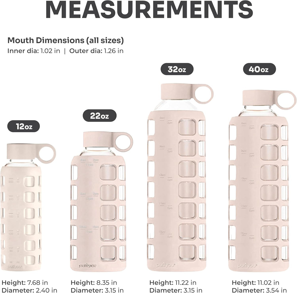 purifyou 40oz / 32oz / 22oz / 12oz Borosilicate Glass Water Bottle with Time & Volume Markers, Silicone Sleeve, Stainless Steel Lid – Reusable Glass Bottle for Water & Juice (32oz Pearled Ivory)