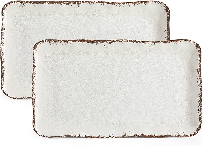LEHAHA Farmhouse Large Serving Platters, 2 Piece Melamine Dinnerware Set, 17.5 x 10 Inches Vintage Serving Tray, Rectangle White Rustic Trays Set of 2
