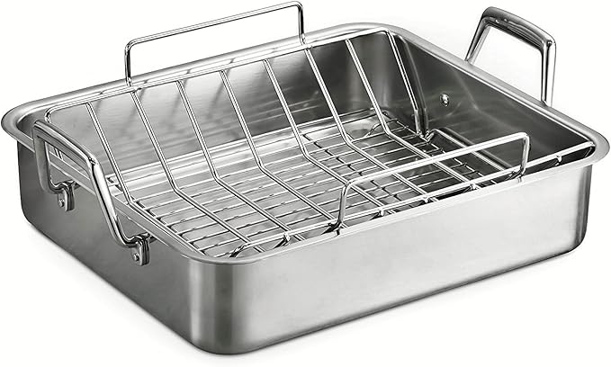 Tramontina 16.5-Inch Stainless Steel Deep Roasting Pan with Basting Grill and V-Rack, Turkey Roaster for Oven, Dishwasher Safe, Made in Brazil