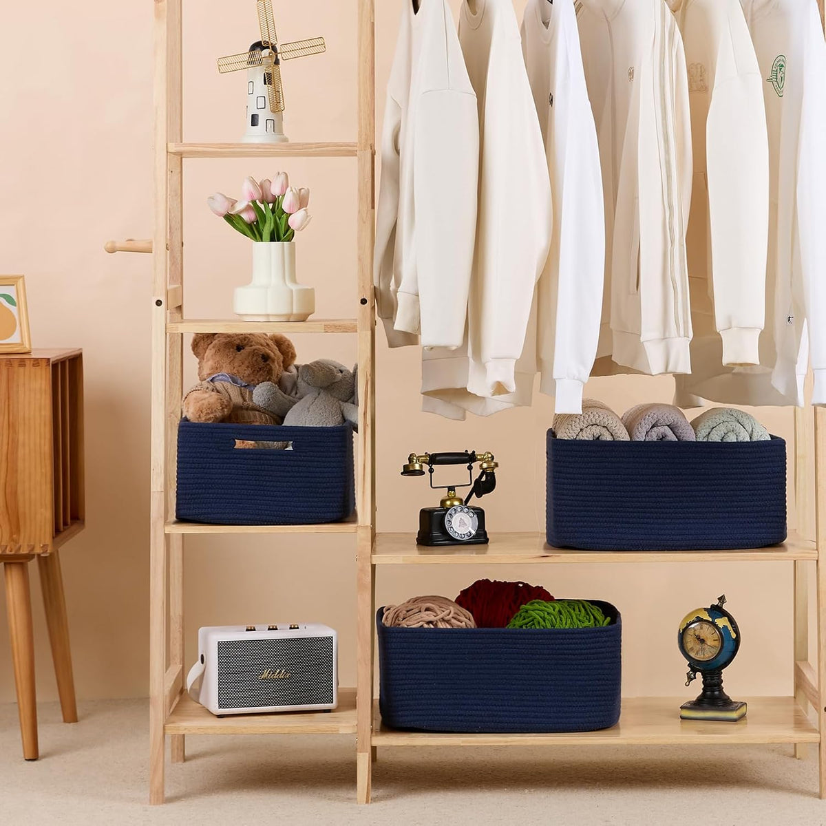 Large Storage Baskets for Shelves, Closet Organizers Bins for Clothes Blanket Towels, Baby Nursery, Toy Baskets Box, Woven Rope Baskets, 17 x 13 x 7.5”, 2 Packs Navy Blue