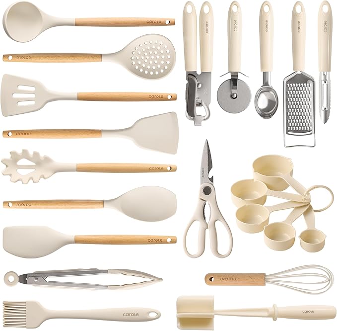 CAROTE 22pcs Silicone Cooking Utensils Set, 446°F Heat Resistant Kitchen Utensils Gadgets Set, Spatula, Turner, Whisk, Tongs