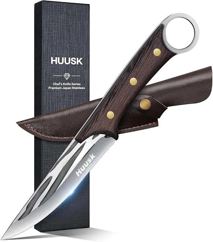 Huusk Japanese Boning Knife for Meat Cutting 5.5 Inch, Full Tang Deboning Knives, Small BBQ Trimming Knife with Sheath, Hand Forged Fish Fillet Knives for Meat, Fish, Poultry, Gift for Men