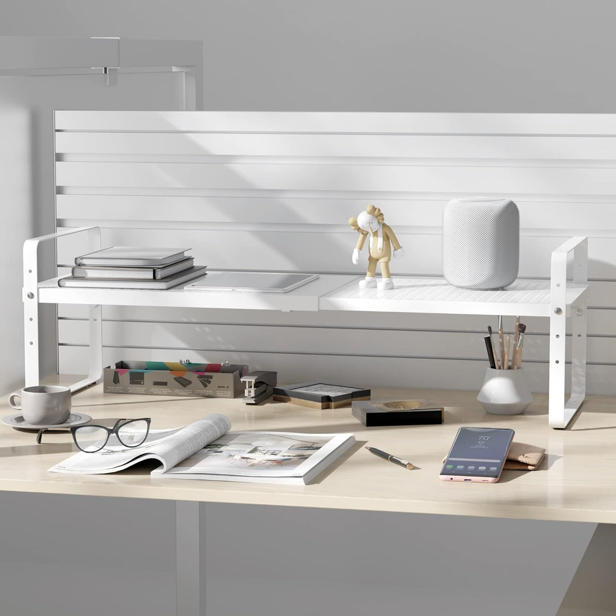 Expandable Cabinet Shelf Organizer Adjustable Metal Spice Rack Stackable Freestanding Counter Storage Shelves for Kitchen Cabinet Under Sink Office Desk (White - 1Pack - L16.5-27'' * W8'' * H9.6'')