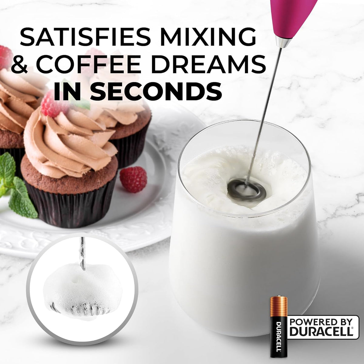 Zulay Kitchen Powerful Milk Frother Wand With 4 AA Duracell Batteries - Ultra Fast Handheld Drink Mixer - Electric Whisk Foam Maker for Coffee, Lattes, Cappuccino, Matcha & Creamer -