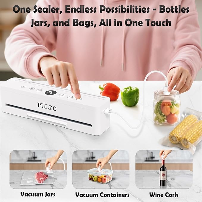 PULZO True-Auto Vacuum Sealer Machine, 85KPa Vacuum Sealer for Food with Digital Countdown, LED Smart Touch, External Sliding Blade, Dry/Moist Mode, Removable Drip tray, Complete Starter Kits