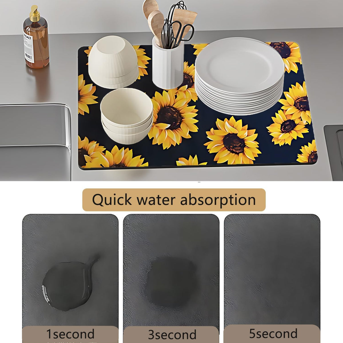 Dish Drying Mat Foldable Fall Kitchen Drying Mat Absorbent Sink Mat Multi-Purpose Coffee Pad Easy To Clean,Kitchen Gadgets,sunflower decor(sunflower) (18inches*30inches)