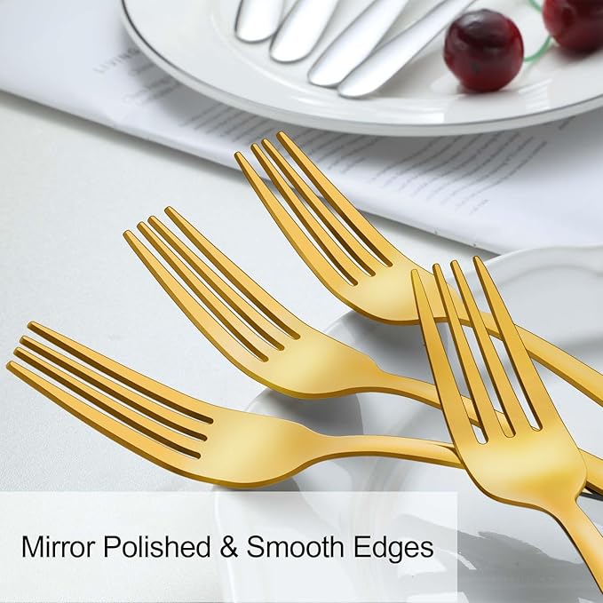 Pleafind 36 Pieces Gold Dinner Forks Set (8 inch), Forks Silverware, Mirror Polished Fork Set, Small Forks for Home, Kitchen, Restaurant, Dishwasher Safe