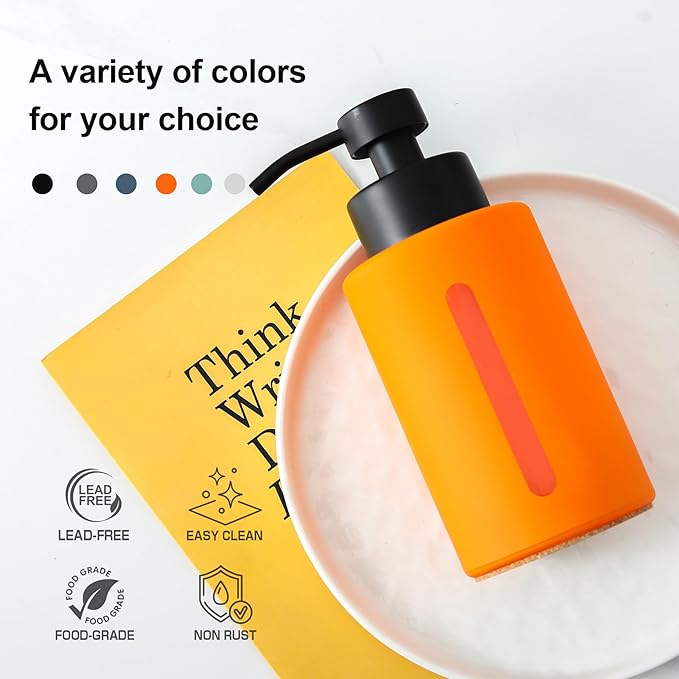 Enra Fall Glass Soap Dispenser with Window,12oz Orange Bathroom Soap Dispenser with Stainless Steel Lotion Pump,Hand Liquid Soap Dispenser Countertop for Bathroom Kitchen(Orange/Liquid Type)
