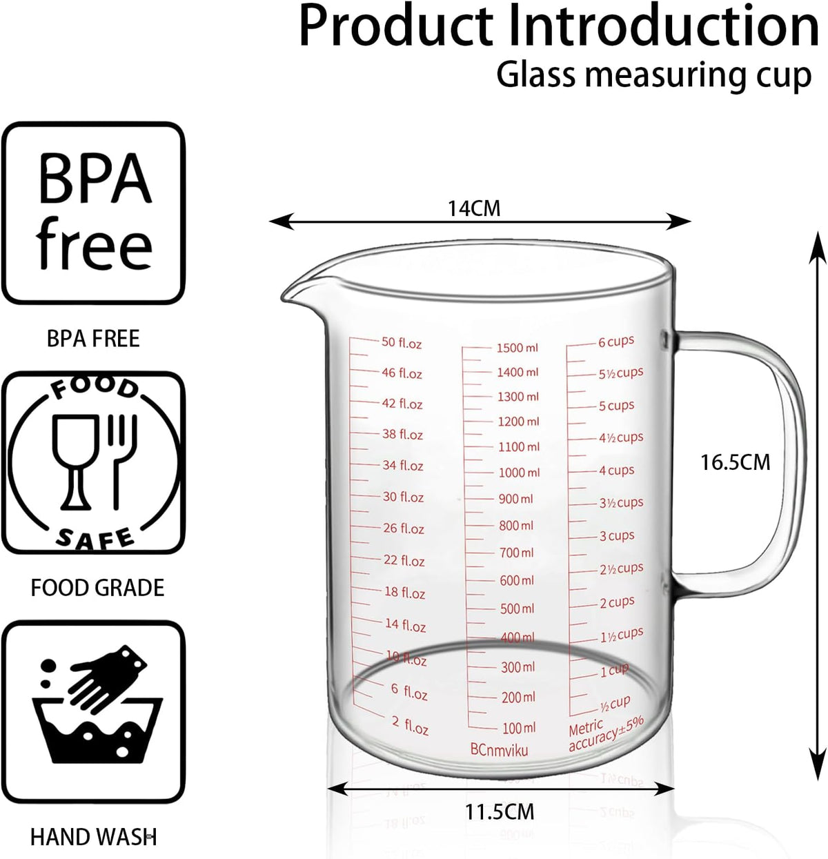BCnmviku Glass Measuring Cups High Borosilicate [Insulated Handle | V-Shaped Spout]For Prepping Baking and Cooking Preheated Oven Dishwasher Freezer and Microwave Safe (1500 ml with silicone)