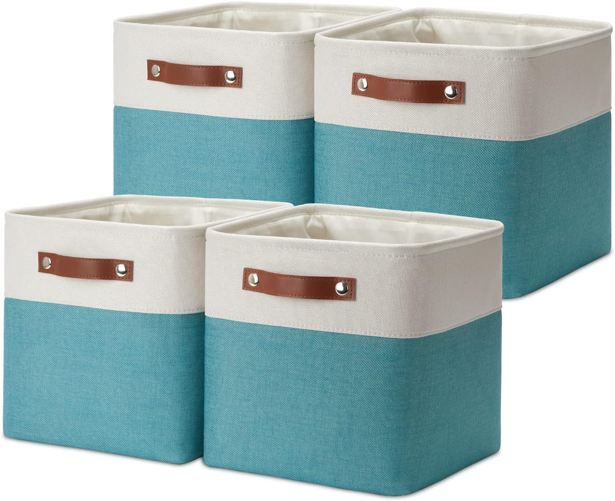 DULLEMELO Foldable Storage Cubes 11 x 11 Organizer Bins,Canvas Storage Bins Empty Gift Baskets for Organizing with SturdyLeather Handles, Closet Baskets for Nursery Storage(4 Pack - 11" White&Teal)