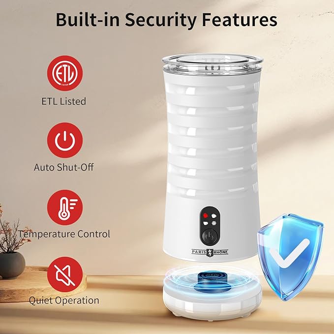 Milk Frother, Paris Rhône 4-in-1 Milk Steamer and Frother, Hot & Cold Foam Milk Warmer with Temperature Control, Auto Shut-Off Frothers for Coffee, Latte, Cappuccino, Macchiato