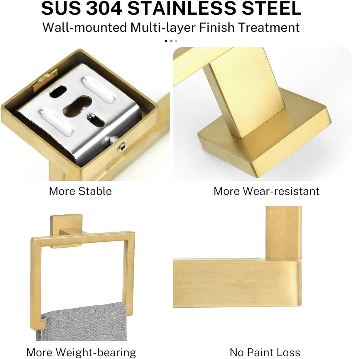2-Piece Brushed Gold Square Towel Ring,Hand Towel Holder,SUS304 Stainless Steel Modern Towel Holder Wall-Mounted Bathroom Towel Ring