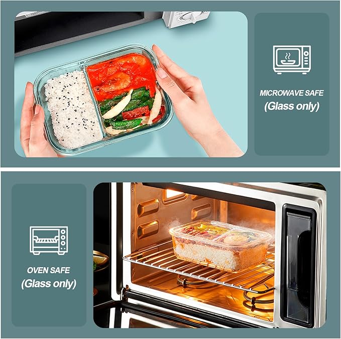 KOMUEE 30 oz 5 Pack Glass Meal Prep Containers 2 Compartments, Glass Food Storage Containers with Lids, Airtight Lunch Box, Microwave, Oven and Freezer Safe, White