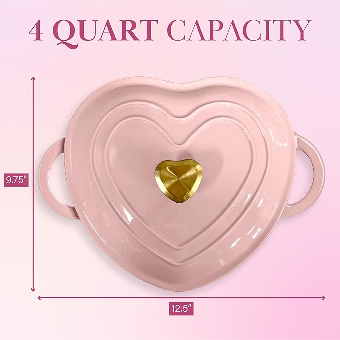 Paris Hilton Enameled Cast Iron Dutch Oven Heart-Shaped Pot with Lid, Dual Handles, Works on All Stovetops, Oven Safe to 500°F, 4-Quart, Pink