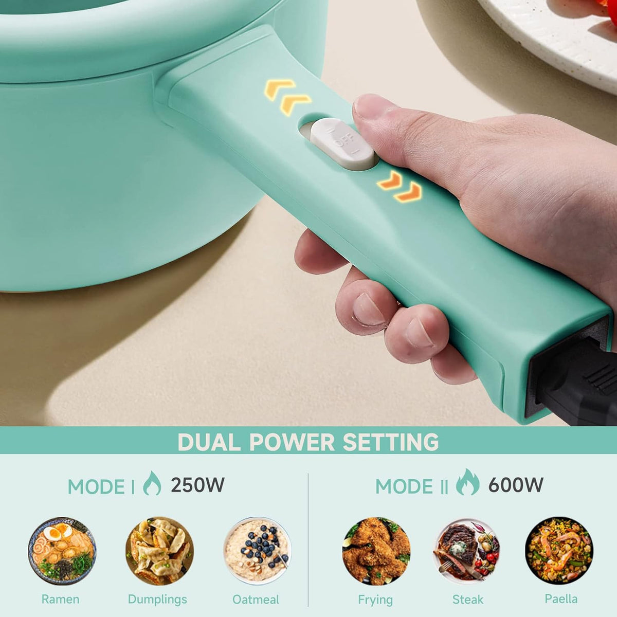 Dezin Electric Cooker, 2L Non-Stick Sauté Pan, Rapid Noodles Cooker, Mini Pot for Steak, Egg, Fried Rice, Ramen, Oatmeal, Soup with Power Adjustment, College Dorm Room Essential
