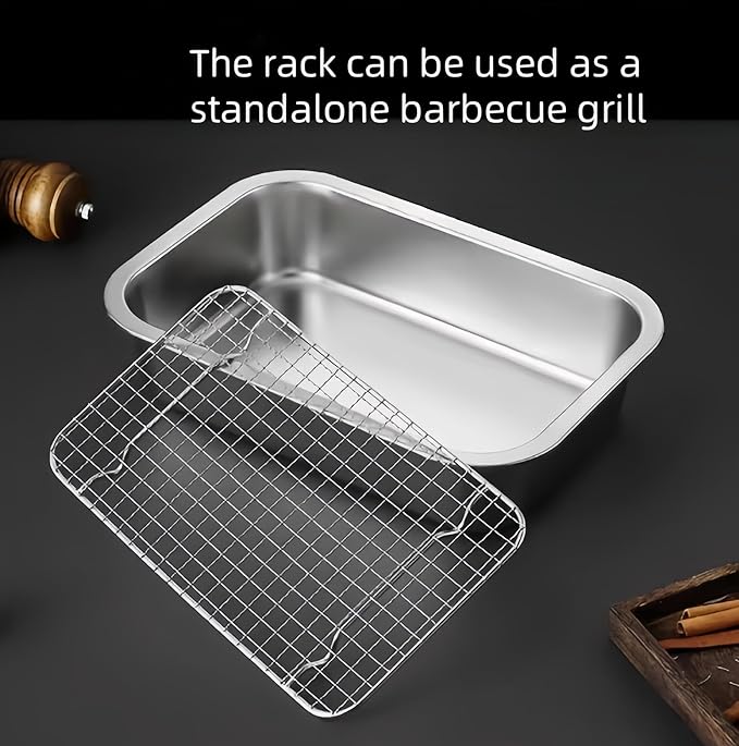 Stainless Steel Sturdy Roasting Pan with Cooling Rack – Oven, Toaster & Grill Safe, Deep Edge, Smooth Finish, Dishwasher Safe – Perfect for Turkey, Chicken, BBQ (10.4x7.7x2.8in)