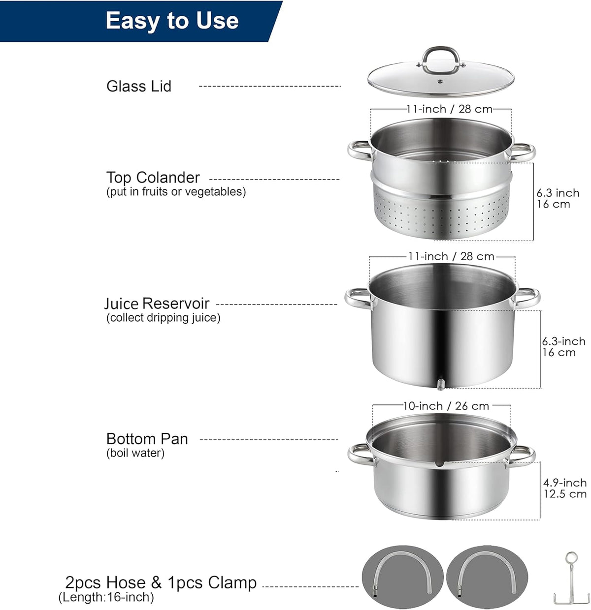 Cooks Standard Canning Juice Steamer Extractor Fruit Vegetables for Making Jelly, Sauces, 11-Quart Stainless Steel Multipot with Glass Lid, Clamp, 2-Pcs Hose